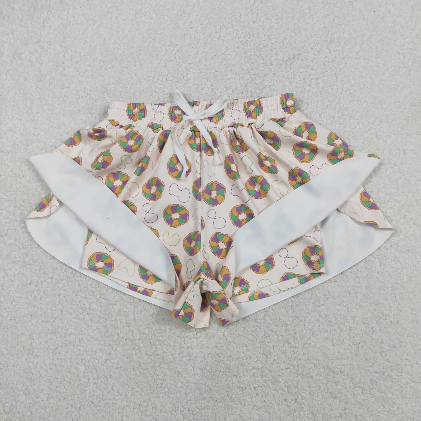 SS0680 Adult Women Mardigras Donuts Necklaces Yoga Active Ruffle Shorts Bottom