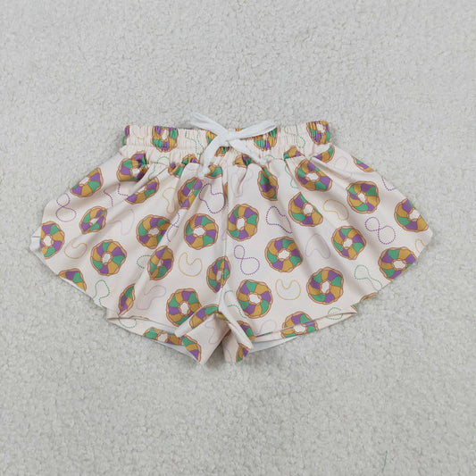SS0683 Baby Girls Mardigras Donuts Necklaces Yoga Active Ruffle Shorts Bottom