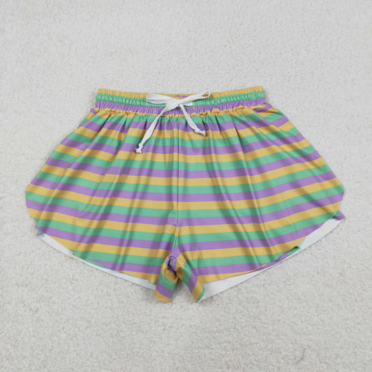SS0706 Adult Women Mardigras Stripes Yoga Active Ruffle Shorts Bottom