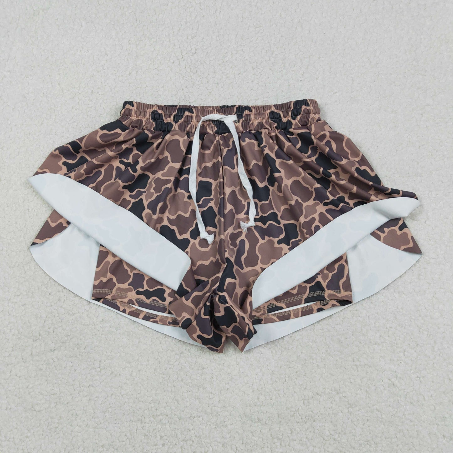 SS0767 Adult Women Southern Brown Camo Yoga Active Ruffle Shorts Bottom