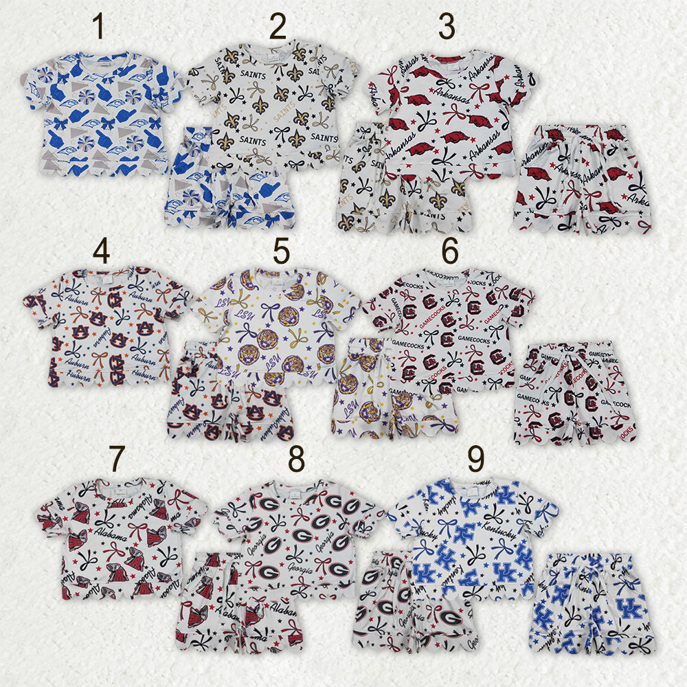 Sibling Baby Girls Bows Team Top Pockets Short Scallop Clothes Sets