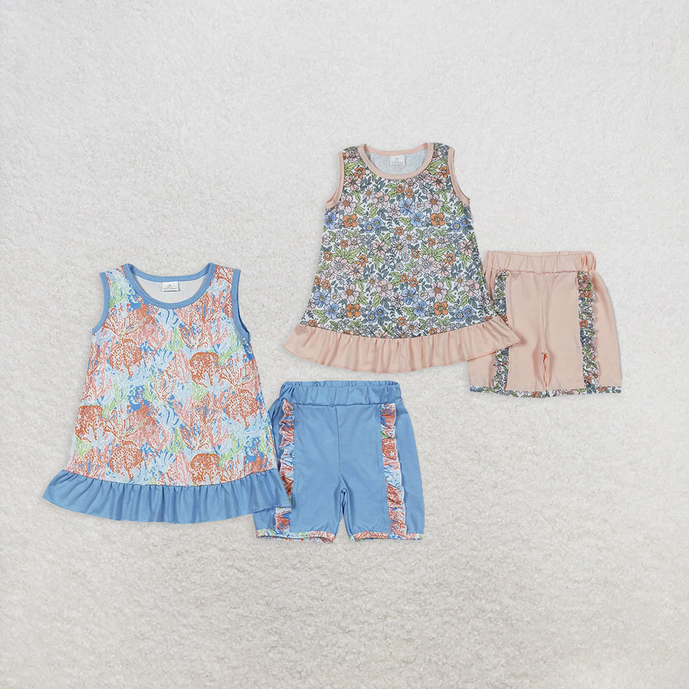 Sibling Baby Girls Sleeveless Floral Tunic Top Ruffle Shorts Clothes Sets