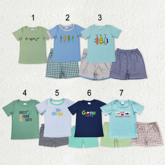 Sibling Baby Boys Short Sleeve Embroidery Fishing Top Shorts Hunting Clothes Sets