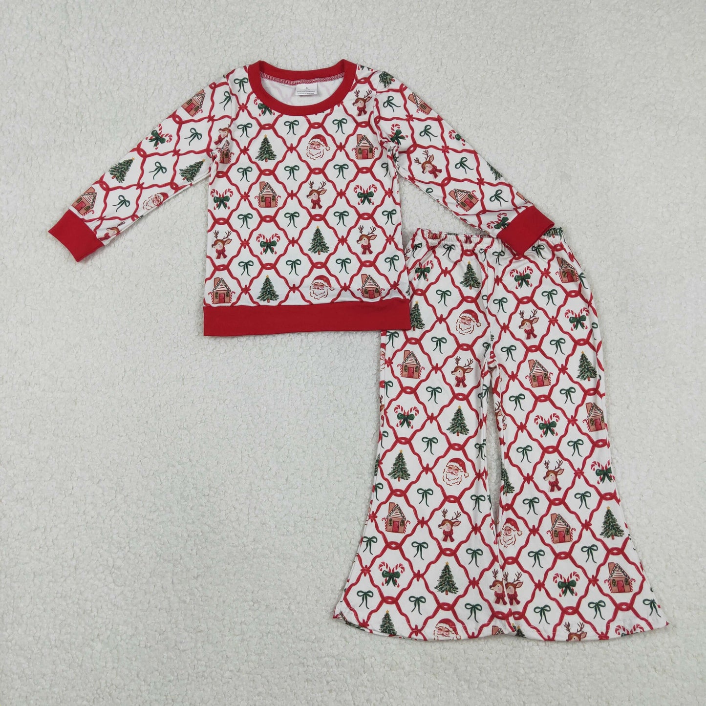 Baby Girls Red Bows Santa Checked Top Flare Pants Christmas Clothes Sets