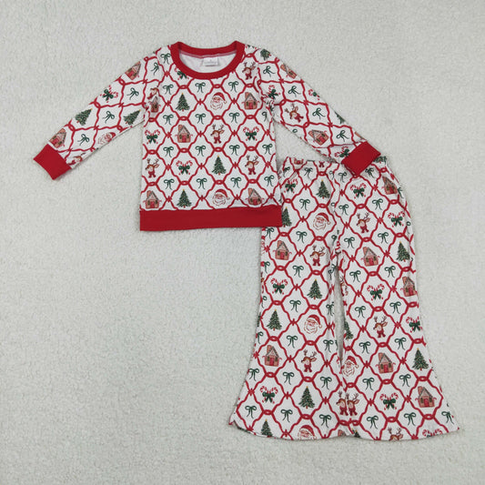 Baby Girls Red Bows Santa Checked Top Flare Pants Christmas Clothes Sets