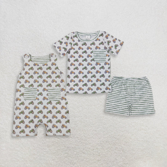 Sibling Baby Boys Trucks Stripe Pocket Top Short Farm Clothes Set Short Rompers
