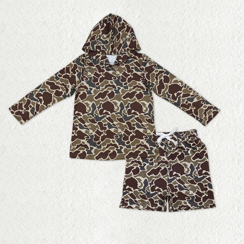 BLS0031 Baby Boys Southern Dark Khaki Camo Hoodie Top Pockets Shorts Clothes Sets