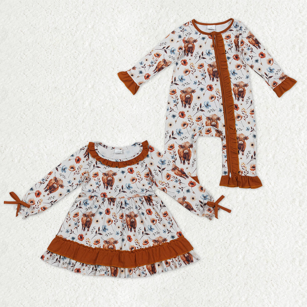 Sibling Baby Girls Highland Cows Flowers Ruffle Collar Western Knee Length Dresses Zipper Rompers