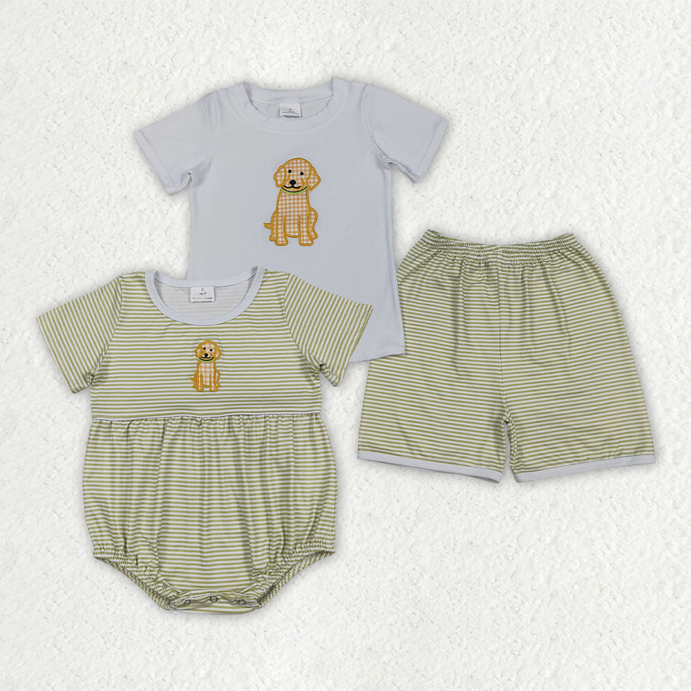 Sibling Baby Boys Embroidery Dogs Top Stripe Short Hunting Clothes Set Rompers