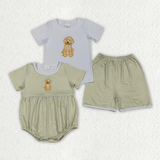 Sibling Baby Boys Embroidery Dogs Top Stripe Short Hunting Clothes Set Rompers