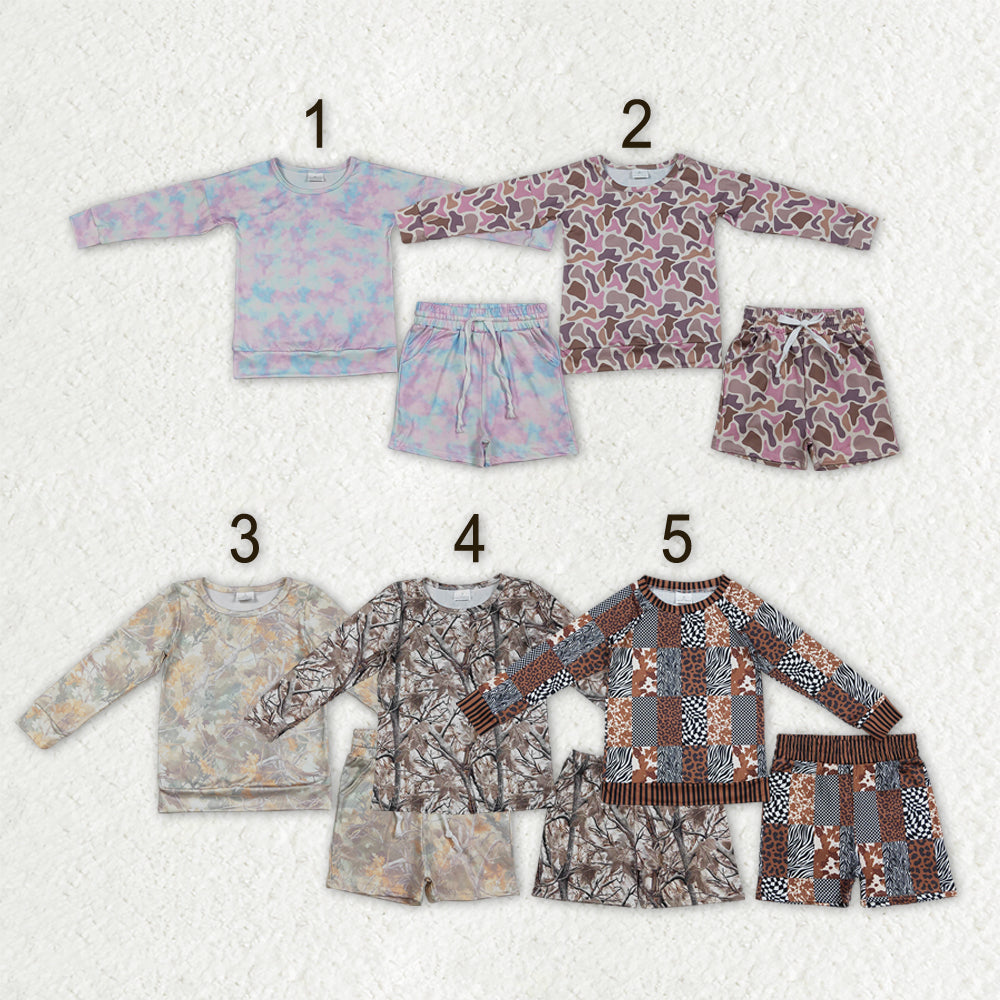 Sibling Baby Girls Long Sleeve Checked Camo Print Top Shorts Pajamas Clothes Sets