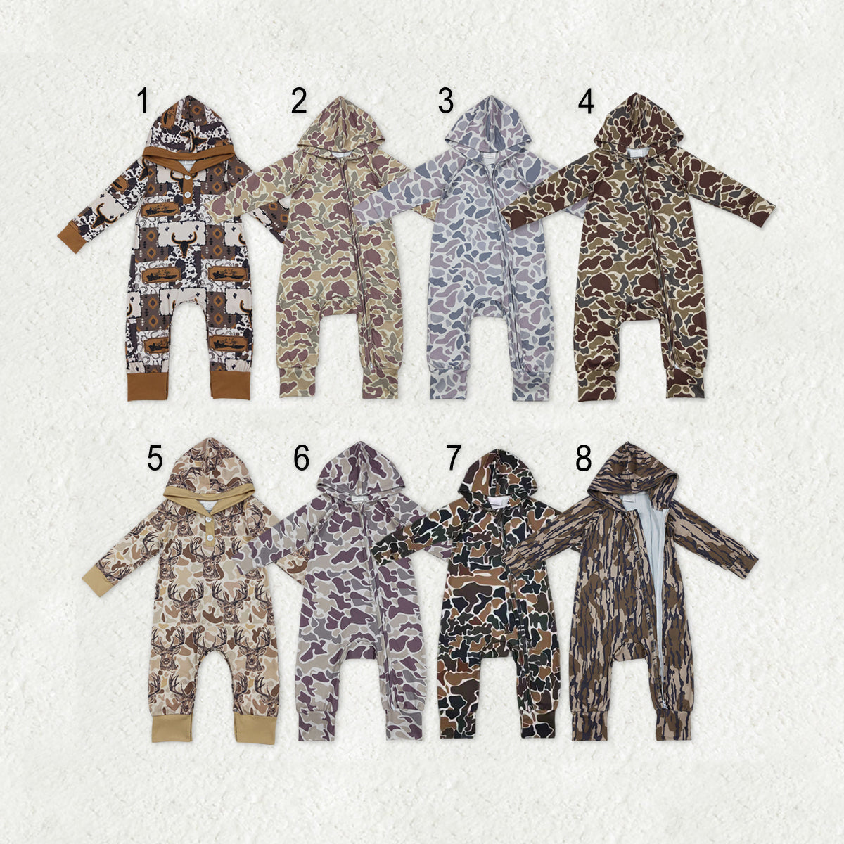 Sibling Baby Boys Southern Hunting Camo Button Two Way Zip Convertible Hoodie Rompers