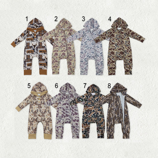 Sibling Baby Boys Southern Hunting Camo Button Two Way Zip Convertible Hoodie Rompers