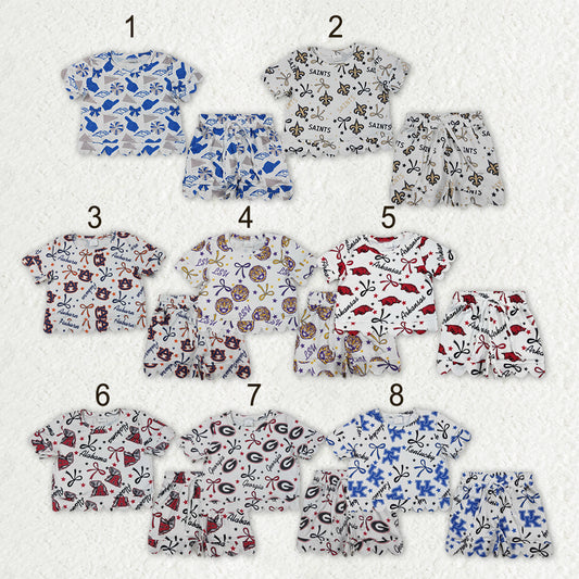 Sibling Baby Girls Bows Team Top Pockets Short Scallop Clothes Sets