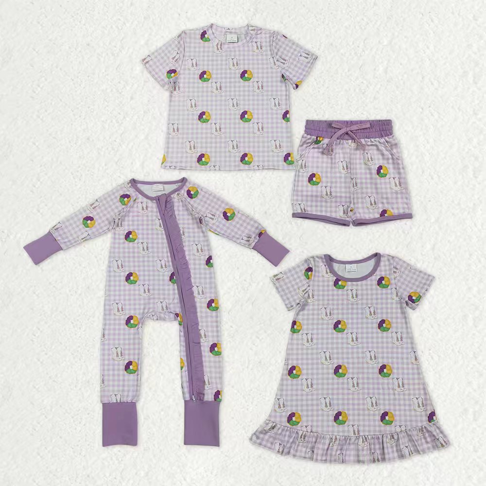 Sibling Baby Girls Mardigras Donuts Boot Checked Dress Pocket Short Clothes Set Ruffle Zip Romper