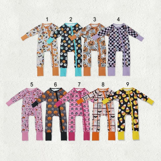 Sibling Baby Kids Ghost Pumpkins Bats Halloween Two Way Zip Convertible Rompers