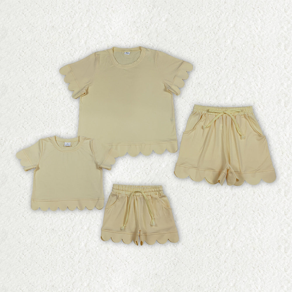 Mama and Me Girls Yellow Top Pockets Short Scallop Cotton Clothes Sets