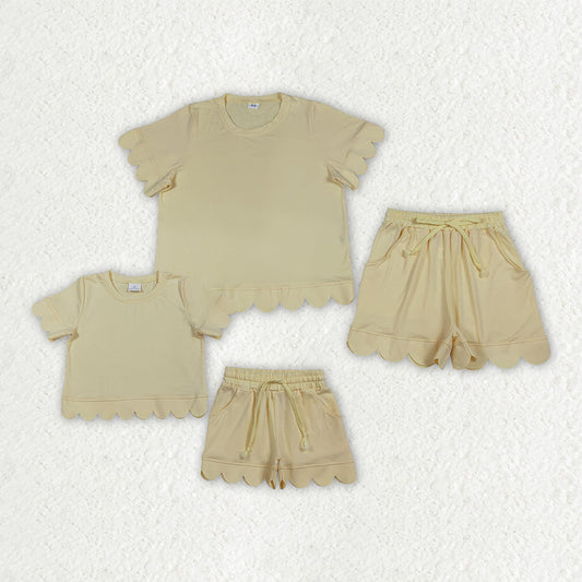 Mama and Me Girls Yellow Top Pockets Short Scallop Cotton Clothes Sets