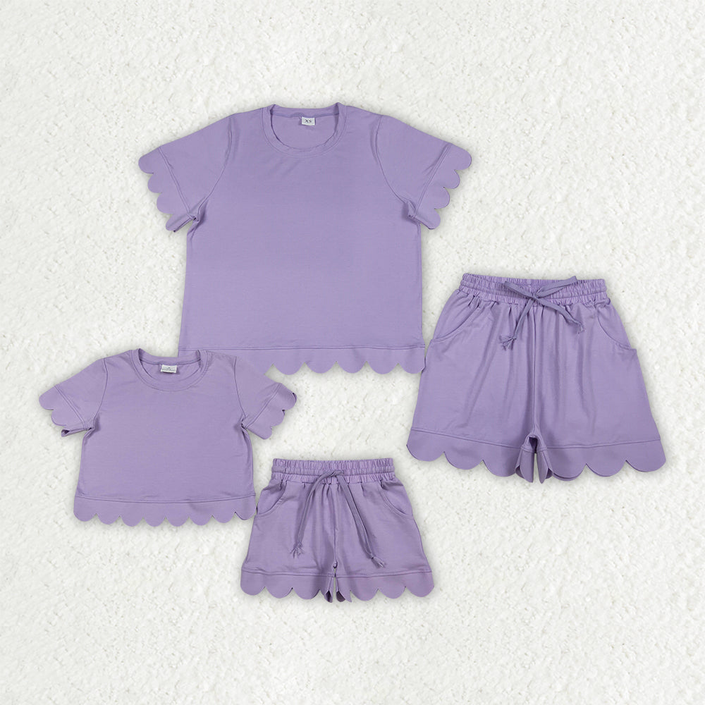 Mama and Me Girls Lavender Top Pockets Short Scallop Cotton Clothes Sets