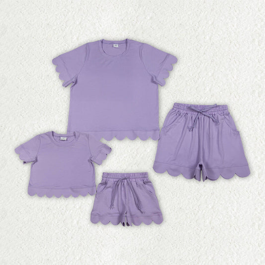 Mama and Me Girls Lavender Top Pockets Short Scallop Cotton Clothes Sets