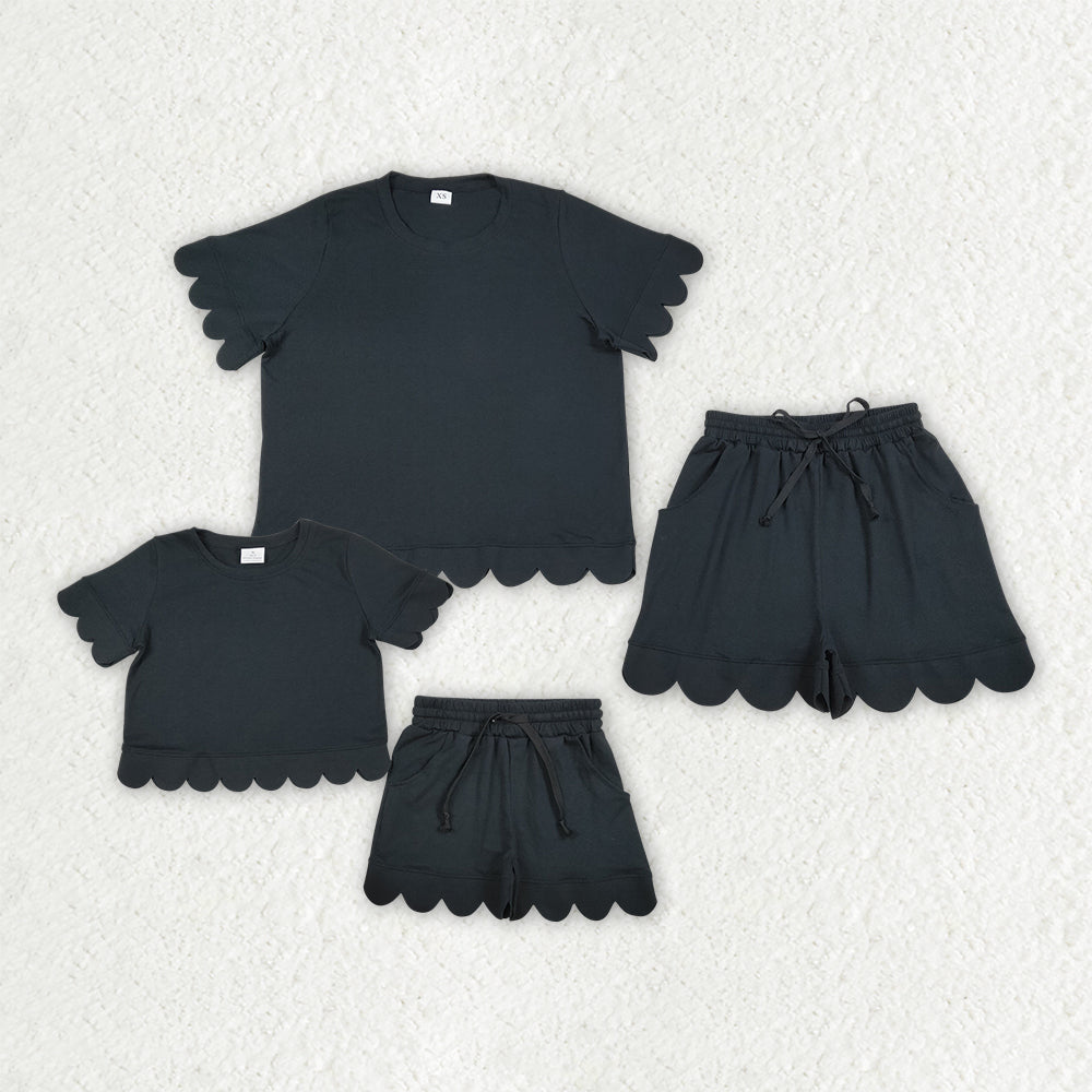 Mama and Me Girls Black Top Pockets Short Scallop Cotton Clothes Sets