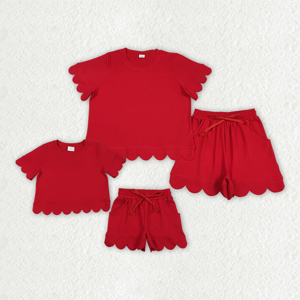 Mama and Me Girls Red Top Pockets Short Scallop Cotton Clothes Sets