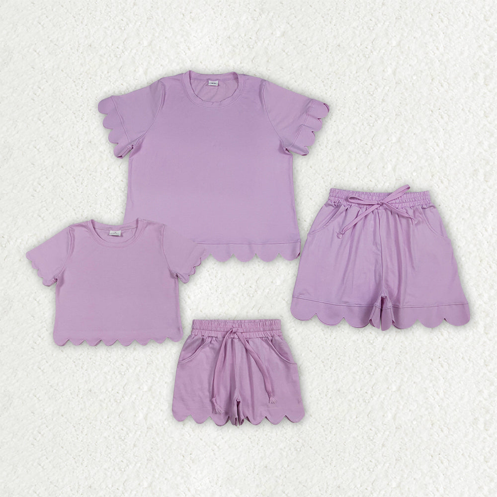 Mama and Me Girls Pink Top Pockets Short Scallop Cotton Clothes Sets