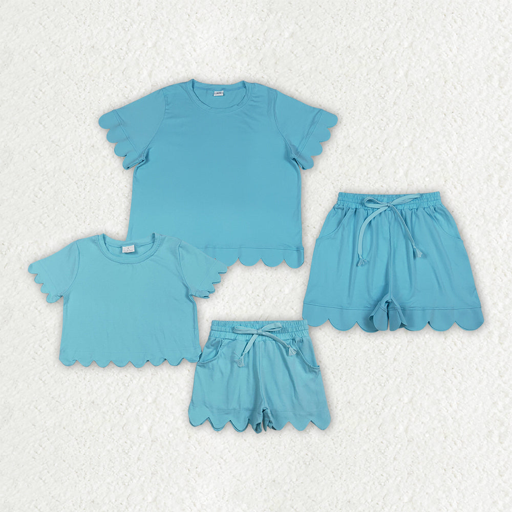 Mama and Me Girls Blue Top Pockets Short Scallop Cotton Clothes Sets