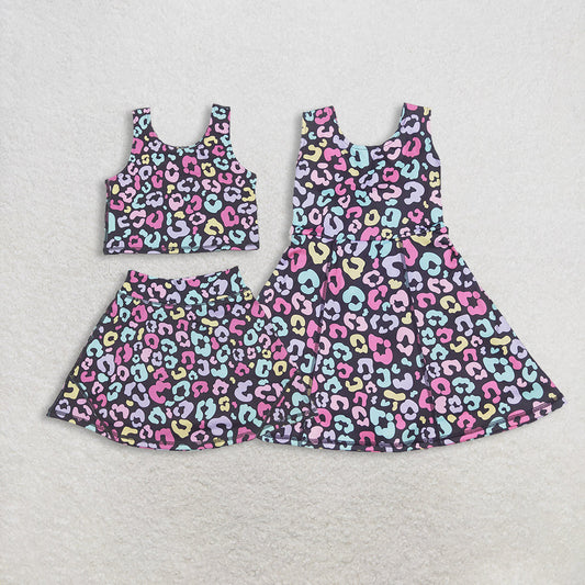 Sibling Baby Girls Colorful Leopard Shorts Yoga Clothes Set Knee Length Dresses