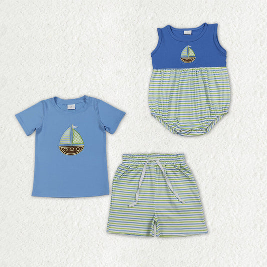 Sibling Baby Boys Embroidery Boats Top Pockets Stripe Short Clothes Set Rompers