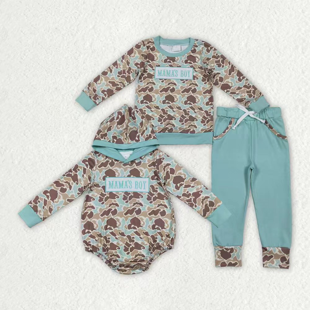 Sibling Baby Boys Embroidery Mama's Boy Green Camo Pockets Pants Clothes Sets Hoodie Romper