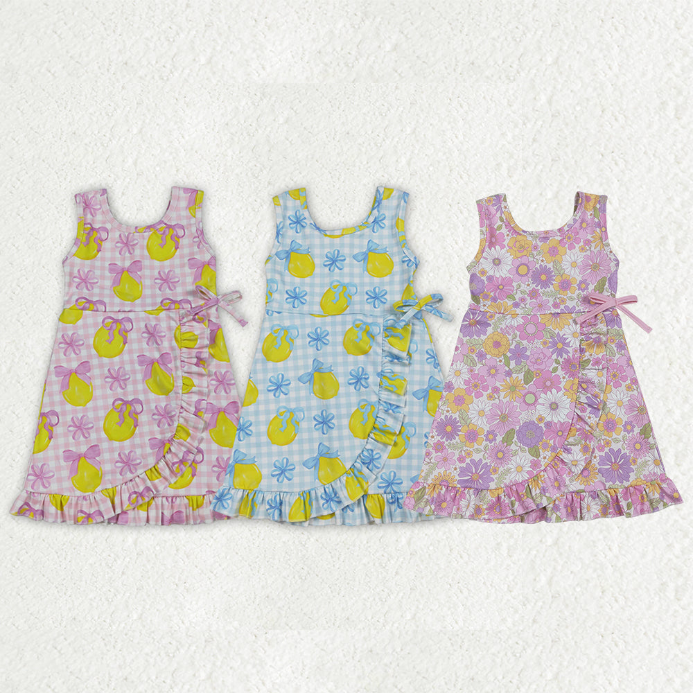Sibling Baby Girls Pink Blue Checked Bows Lemons Yoga Active Shorts Knee Length Dress