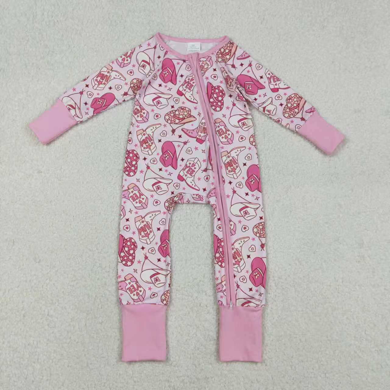 Sibling Baby Girls Pink Hats Boots Top Pants Western Pajamas Set Zipper Rompers
