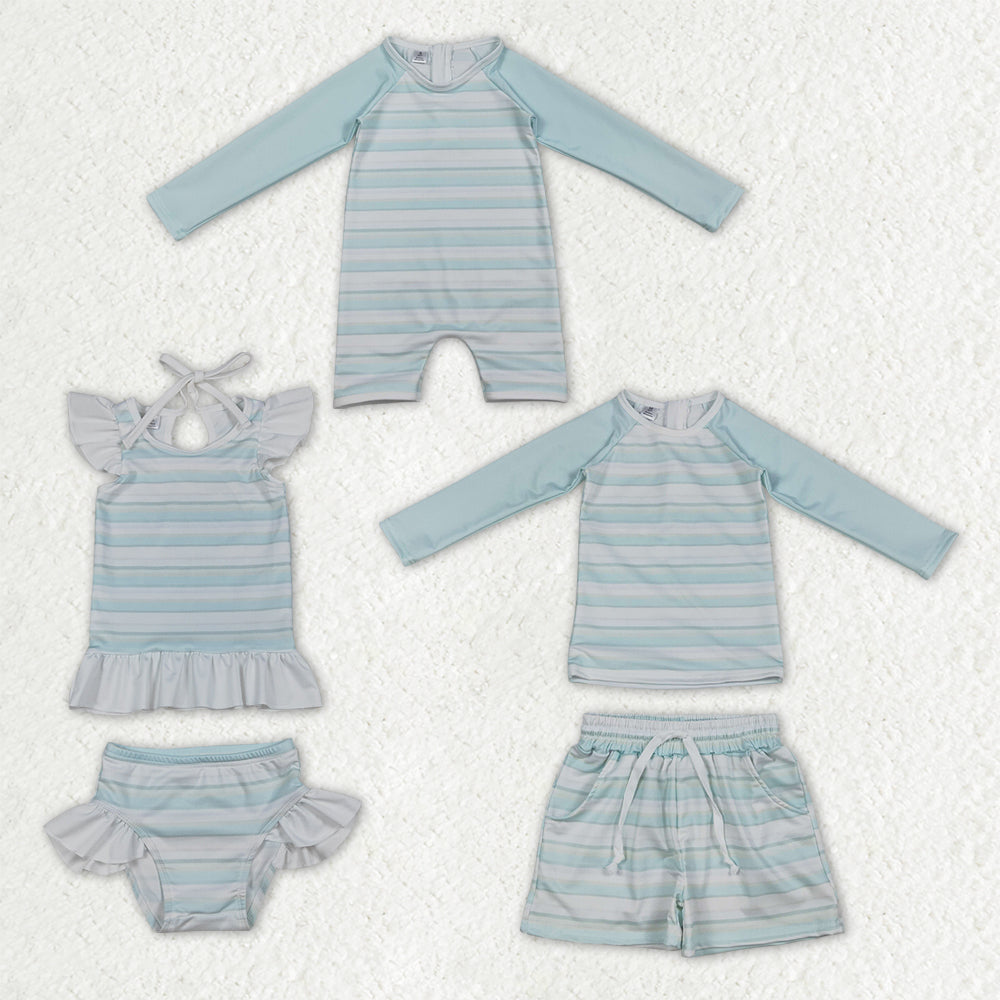 Sibling Baby Boys Light Blue Stripe Long Sleeve Top Short Back Zip Swimsuits