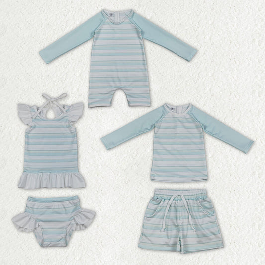 Sibling Baby Boys Light Blue Stripe Long Sleeve Top Short Back Zip Swimsuits