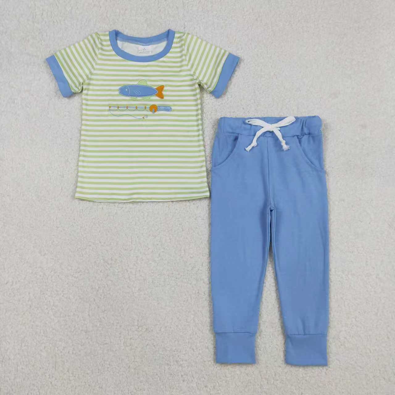 Sibling Baby Boys Embroidery Fishing Stripe Top Pockets Pant Hunting Clothes Sets Footie Romper