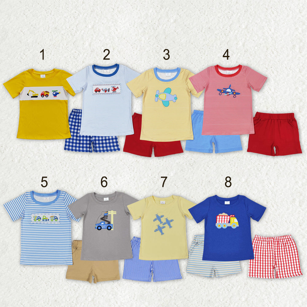 Sibling Baby Boys Embroidery Cars Planes Top Pockets Short Clothes Sets