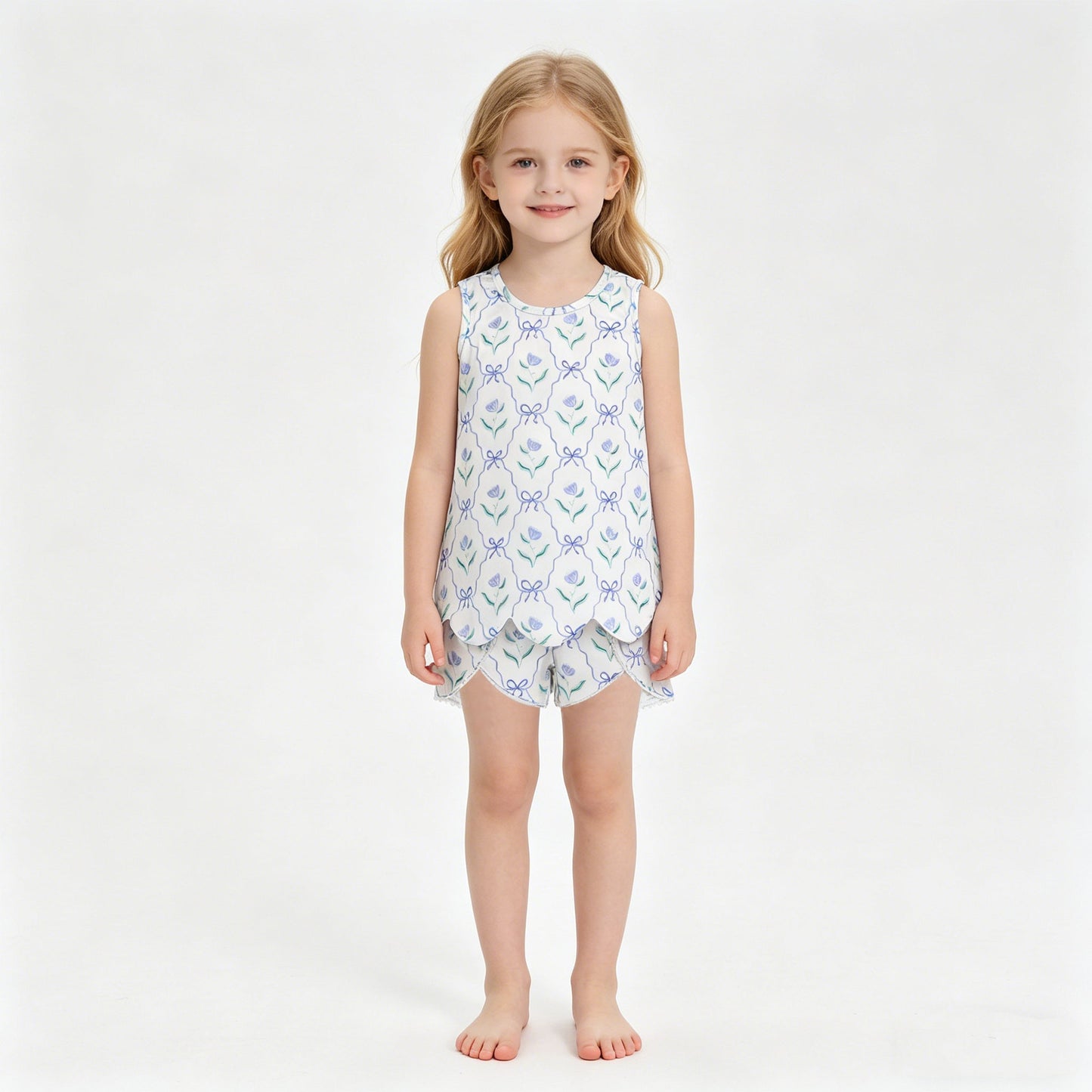 Sibling Baby Girls Colorful Flowers Scallop Tunic Ruffle Short Clothes Sets