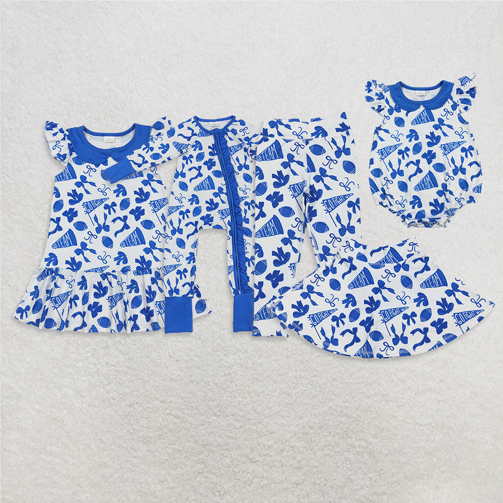 Sibling Baby Girls Blue Bows Footballs Go Team Zipper Romper Dresses Legging Pant Skorts Bottom