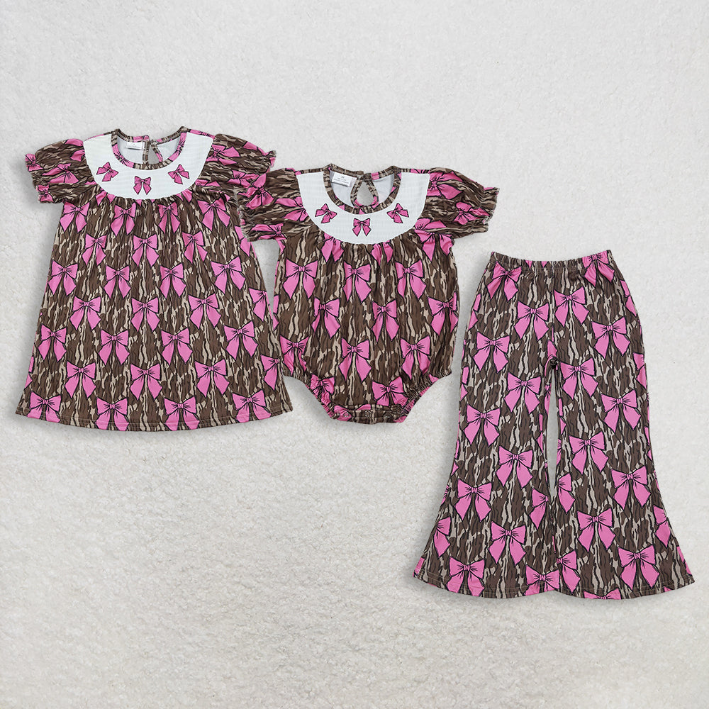 Sibling Smocked Bows Baby Girls Olive Camo Knee Length Dress Ruffle Romper Flare Pants