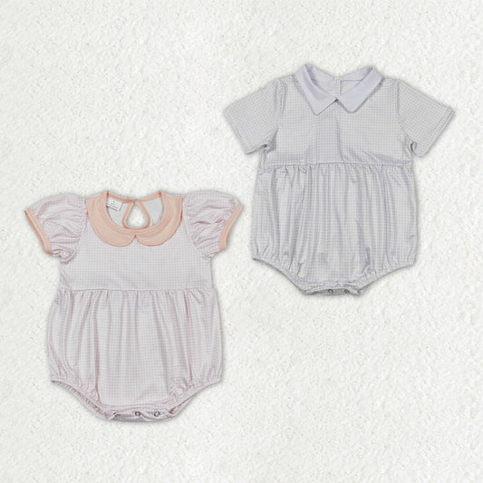 Sibling Baby Boys Girls Pink White Checked Rompers