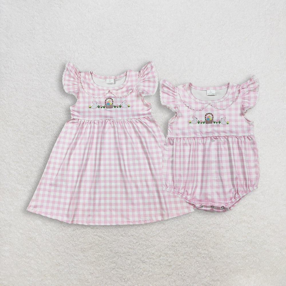 Sibling Baby Girls Pink Checked Embroidery Rabbits Eggs Easter Knee Length Dress Rompers