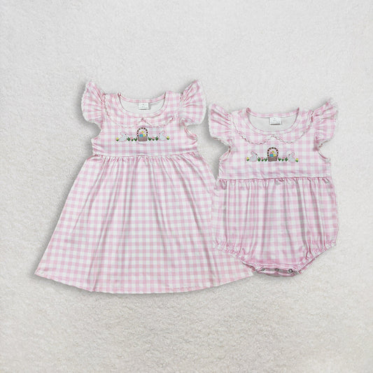 Sibling Baby Girls Pink Checked Embroidery Rabbits Eggs Easter Knee Length Dress Rompers