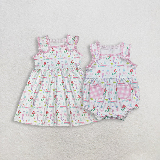 Sibling Baby Girls Sleeveless Mermaid Fishes Knee Length Dress Rompers