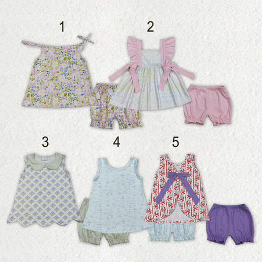 Sibling Baby Girls Colorful Flowers Beach Bows Tunic Ruffle Short Clothes Sets