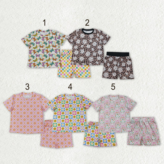 Sibling Baby Girls Colorful Flowers Butterfly Top Short Slouchy Clothes Sets
