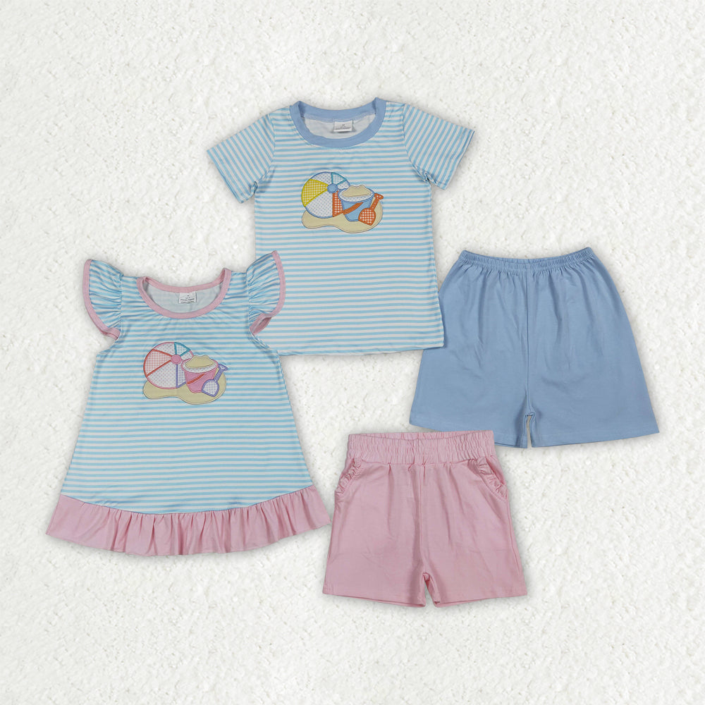 Sibling Baby Boys Girls Embroidery Beach Stripe Top Short Clothes Sets