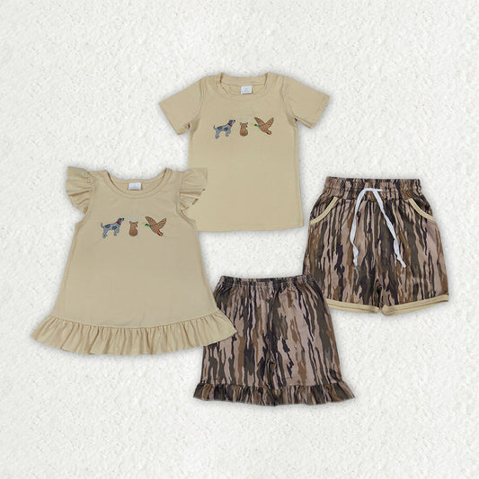 Sibling Baby Boys Girls Dog Ducks Deer Top Olive Camo Short Hunting Clothes Sets