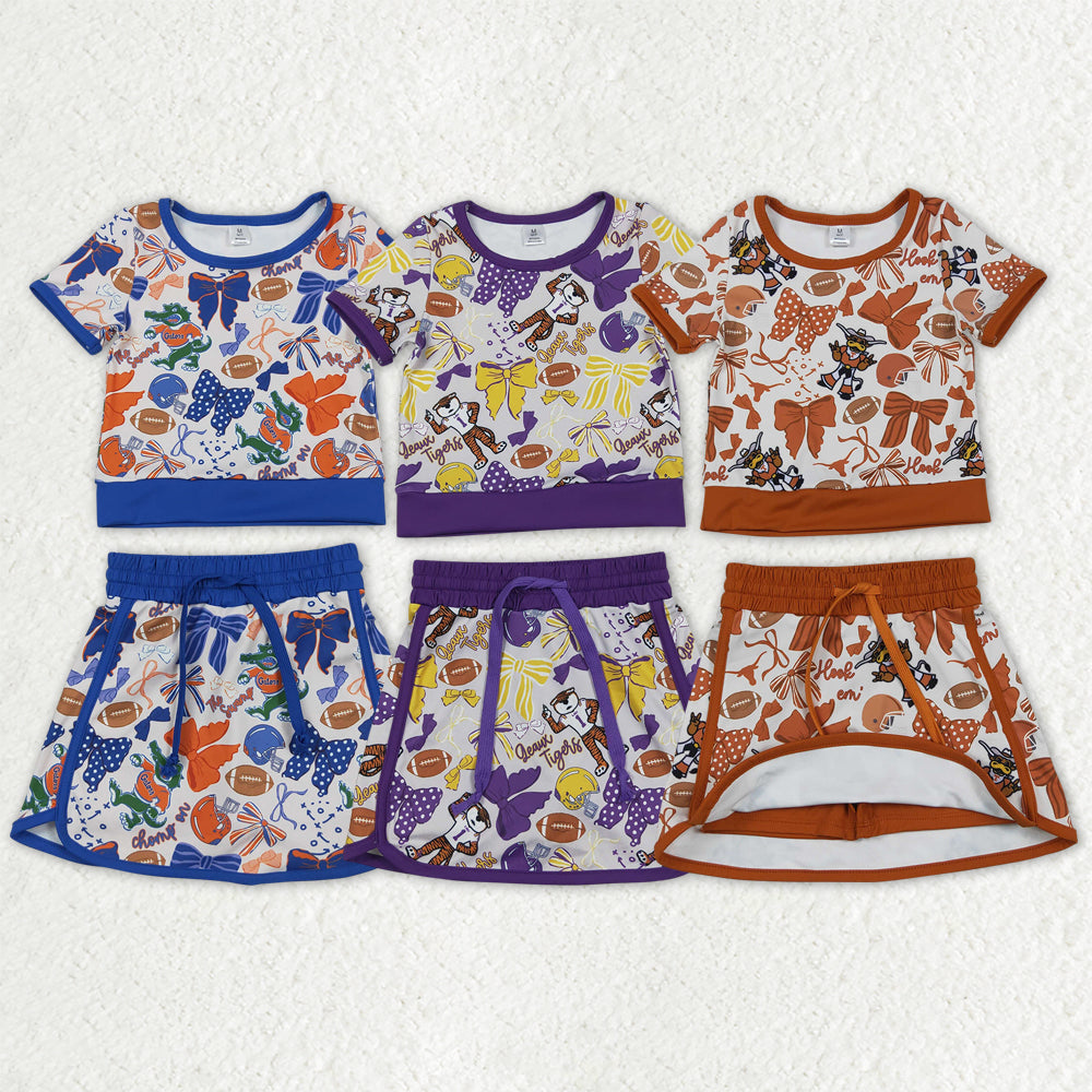 Sibling Baby Girls Short Sleeve Bows Footballs Top Skirt Shorts Team Clothes Sets