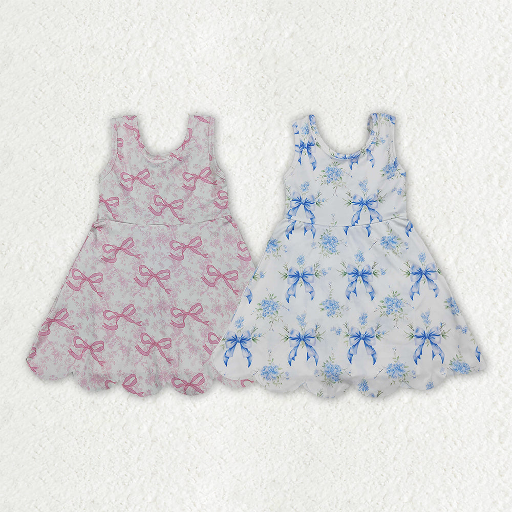 Sibling Baby Girls Flowers Bows Yoga Active Short Scallop Knee Length Dresses
